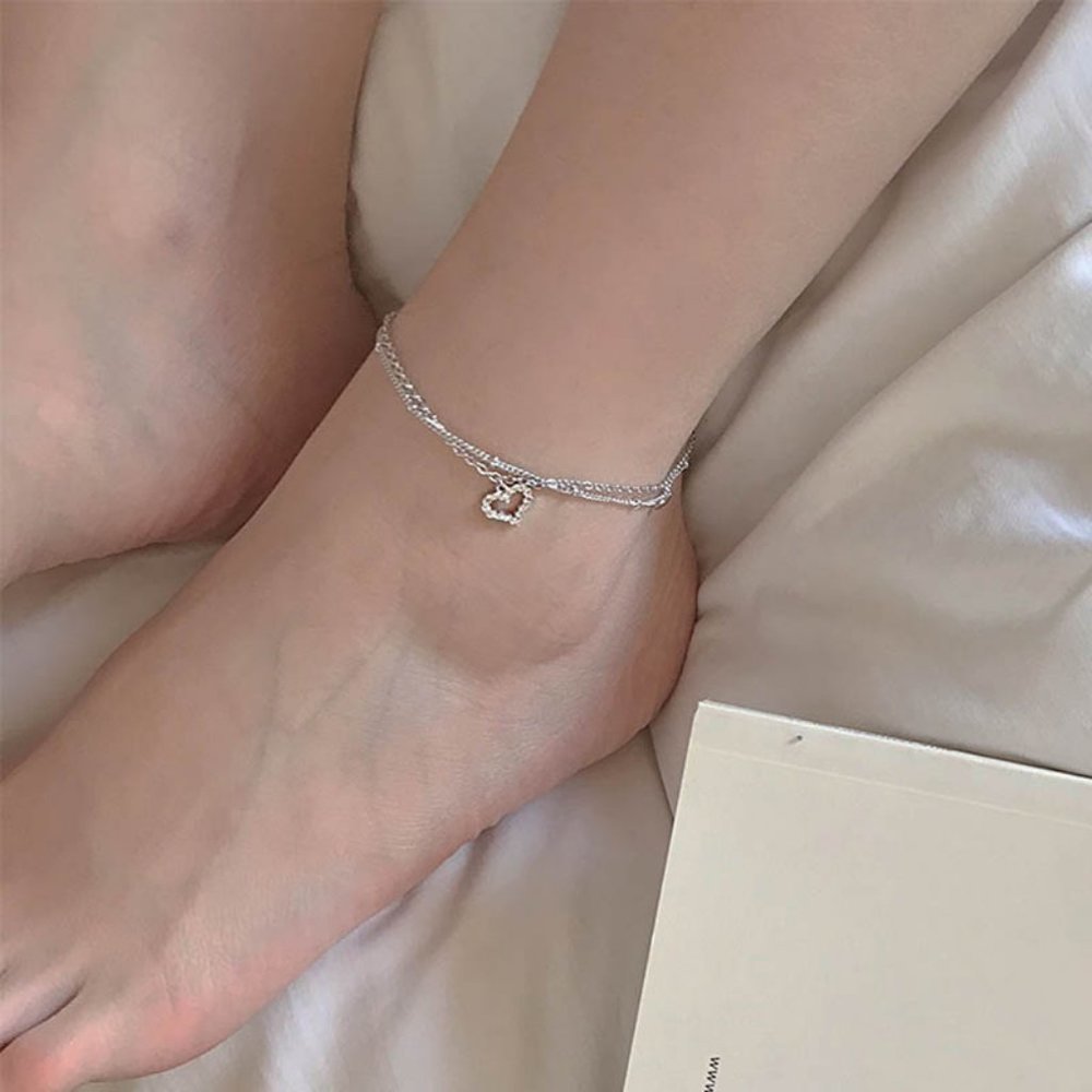 NEW 925 Sterling Silver Diamond Heart Layer Anklet - Picture 5 of 12